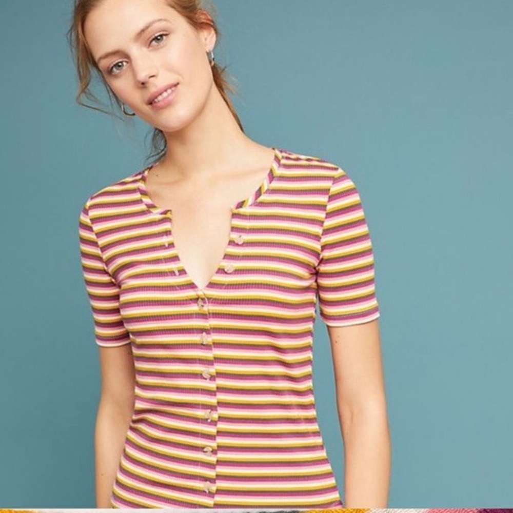 Anthropologie Maeve Ribbed Knit Button Up Tee